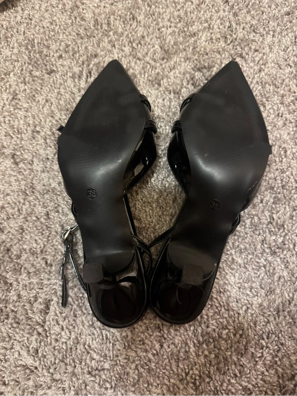 Black Patent Pointed Toe Slingback Kitten Heels with Buckle Straps